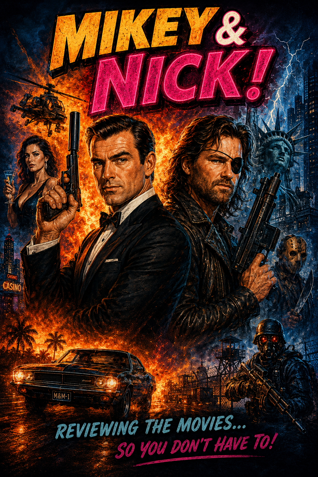 Mikey and Nick illustrated retro action movie poster
